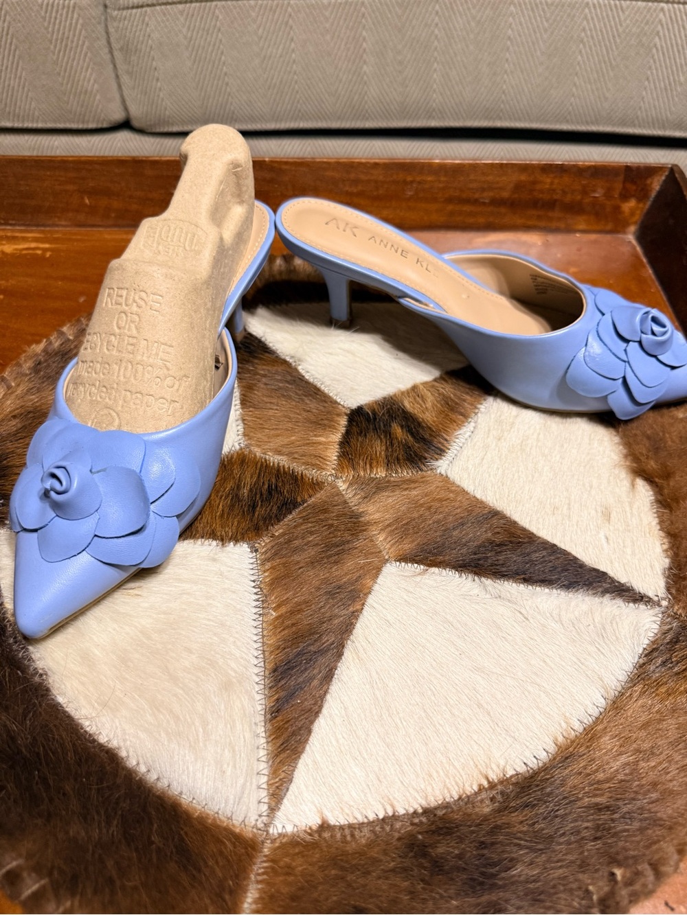Anne Klein Baby Blue Pointed-Toe Floral Leather Mules